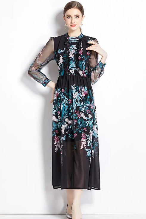 Gorgeous Floral Vintage Women's Maxi Dress, Mock Neck, Ruffled Trim, Long Sleeves, Chiffon Party, Cocktail, Festive Vestidos